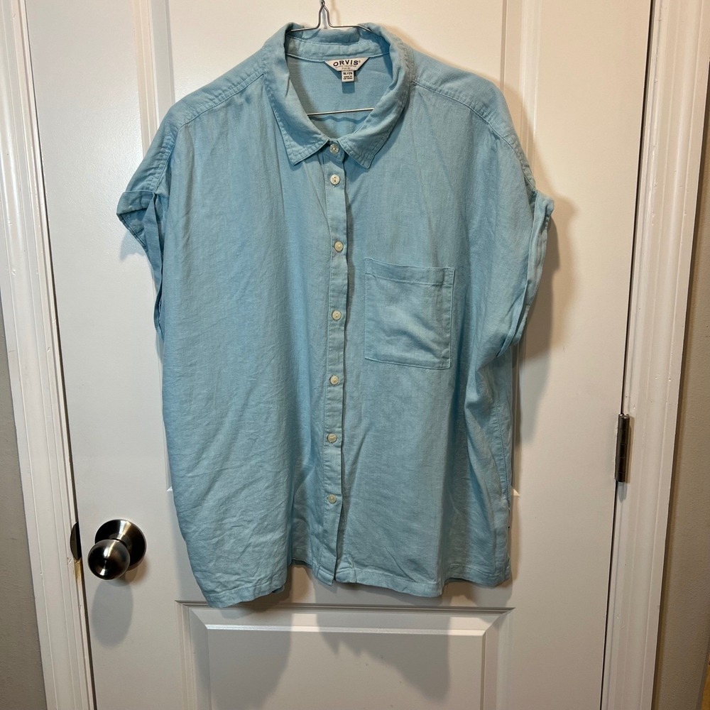 Orvis Womens Button Down Shirt Linen Blend Light Blue XL